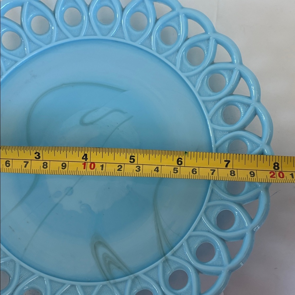 Challinor & Taylor blue milk glass slag glass 8” and 10” scroll and eye plates - Picture 12 of 14